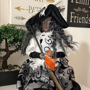 Black and White sitting Witch Dolls with Broom Set